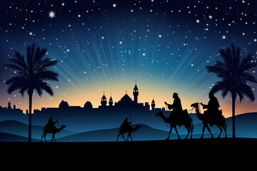 Epiphany, the Feast of the Epiphany, pilgrims on camels come to Bethlehem at night. And in the background in the night sky we see a big shining star. Religious theme.