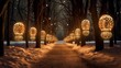 A snowy forest path illuminated by lanterns with intricate cutout patterns.
