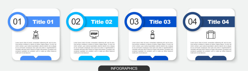 Sticker - Set line Flasher siren, Protest, Hand grenade and Police assault shield. Business infographic template. Vector