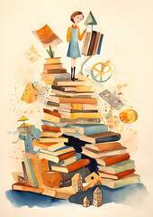 Wall Mural - Illustration of a young girl standing on a stack of books