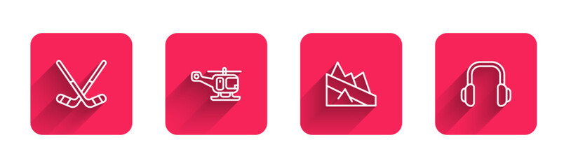 Sticker - Set line Ice hockey sticks, Rescue helicopter, Mountain descent and Winter headphones with long shadow. Red square button. Vector