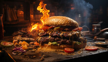 Grilled Beef Burger On Dark Bread, Flame Grilled For Freshness Generated By AI