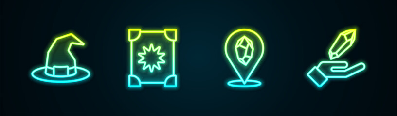 Sticker - Set line Witch hat, Ancient magic book, Magic stone and . Glowing neon icon. Vector