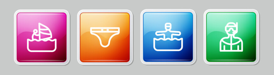 Poster - Set line Windsurfing, Swimming trunks, Water gymnastics and Wetsuit for scuba diving. Colorful square button. Vector