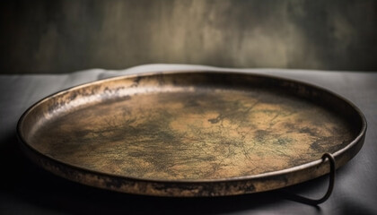 Rustic cast iron cooking pan on wooden table with fresh meal generated by AI