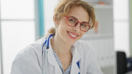 Poster - Young woman doctor wearing glasses smiling at the clinic