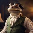 Man Frog Anthropomorphic Serious stupid Person sitting in vintage retro clothes: suite and tie. Business Concept