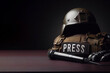 microphone and body armor with a helmet with the inscription PRESS. ai generative