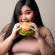 Overweight woman eat burger on solid background. ai generative