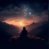 Fototapeta Natura - Illustration of nightfall and man meditating in the moonlight