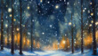 Snow falling at night in a snowy dark forest