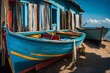 A small, colorful fishing boat with peeling paint, anchored in a tranquil fishing village