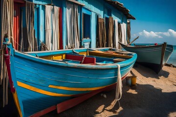 Sticker - A small, colorful fishing boat with peeling paint, anchored in a tranquil fishing village