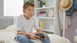Adorable blond boy comfortably sitting on sofa at home, intensely playing a video game, fully immersed in his relaxed lifestyle. cute child masterfully using gadget, engrossed in online gaming.