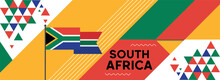 South Africa National Or Independence Day Banner Design For Country Celebration. Flag Of South Africa With Modern Retro Design And Abstract Geometric Icons. Vector Illustration.
