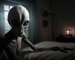 The alien is in his room at night.