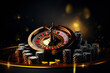 Beautiful casino background with roulette table and chips on dark background. Gambling theme with space for text or inscriptions.generative ai
