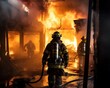 fireman is walking inside a burning building.