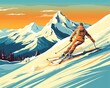 © Nipon - Skier slide down snowy mountn winter enjoy active pastime retro style.