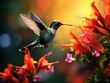 Colorful photo of a glittering hummingbird with gold throat hovering underneath a Monkeybrush flower
