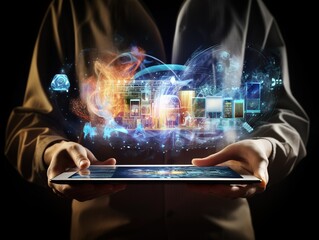 using tablet computer shows internet and social network