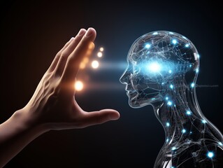 Cyborg hand holding a artificial intelligence concpt with a brain and app 3d rendering