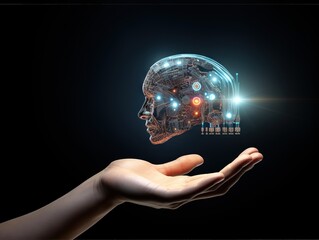 Cyborg hand holding a artificial intelligence concpt with a brain and app 3d rendering