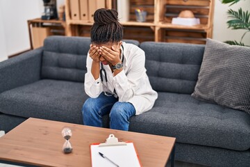 Poster - African american woman doctor patient stressed having psychology session at psychology center