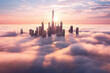 skyscrapers building high above the clouds in the morning sunrise