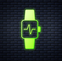 Sticker - Glowing neon Smart watch showing heart beat rate icon isolated on brick wall background. Fitness App concept. Vector