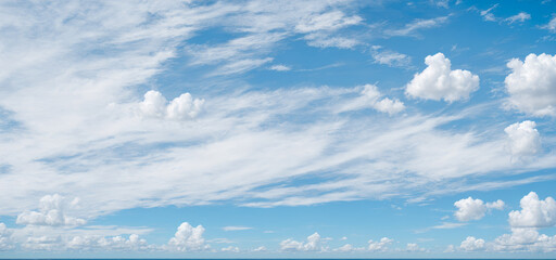 blue sky background with clouds. wide web banner. Blue sky with white cloud. summer heaven is colorful clearing day Good weather and beautiful nature in morning