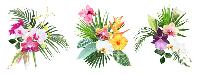Wall Mural - Pink canna flower, white and striped orchid, calla lily, yellow bird of paradise, tropical leaves design vector bouquets