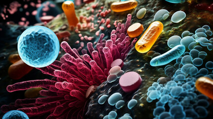 Microbes, microorganisms, viruses under a microscope.