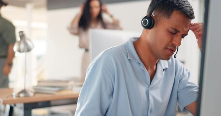 Canvas Print - Call center, man and headache on computer from stress, burnout and desktop glitch, pain or crisis. Frustrated telemarketing consultant tired of pc web problem, consulting challenge and worker anxiety