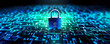 Padlock over glowing abstract electronic circuit background, wide banner - cyber security concept. Generative AI