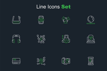 Sticker - Set line Cryogenic capsules, Motherboard, Cyber security, Credit card, Radioactive warning lamp, Neural network and Headphones icon. Vector