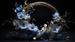Sapphire blue marble royal canvas with scattered gold leaves and a wreath of white anemones. Wedding design art. 