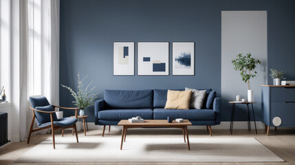 Wall Mural - Luxury living room in house with modern interior design, blue wall. stylish boho composition at living room interior with design gray sofa, wooden coffee table and elegant personal accessories.