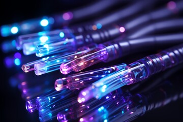 Wall Mural - Fiber optics cable wire close up with bokeh lightinghigh quality 16k image for tech background