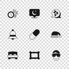 Set Pillow, Sleeping hat, Eye sleep mask, pill, Sleepy, Alarm clock, Moon and stars and Ringing bell icon. Vector