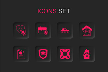 Poster - Set Graduation cap with shield, Briefcase, Life insurance, Lifebuoy, House, Fire burning house, Flood car and Marriage contract icon. Vector