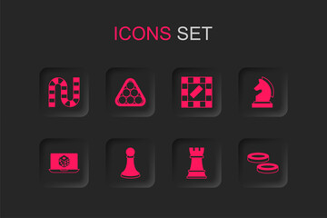 Poster - Set Chess pawn, Billiard balls in triangle, Board game, Checker chips, and Game dice icon. Vector