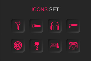 Sticker - Set Wooden axe, Hand saw, log, logs, Headphones and Tree rings icon. Vector