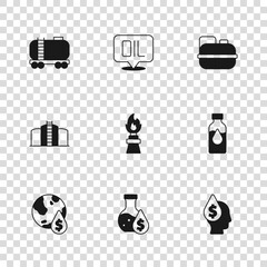 Wall Mural - Set Oil petrol test tube, drop with dollar symbol, rig fire, Canister for gasoline, railway cistern, Word oil and tank storage icon. Vector