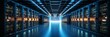 Sleek modern data center with advanced server racks emitting enchanting soft blue glow