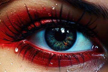 Poster - A close up photograph of a person's eye with water drops on it. This image can be used to depict emotions, beauty, or to illustrate the concept of tears.