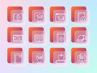 Set line Audio book, Online education, Book with apple, Open, and Graduation cap speech bubble icon. Vector