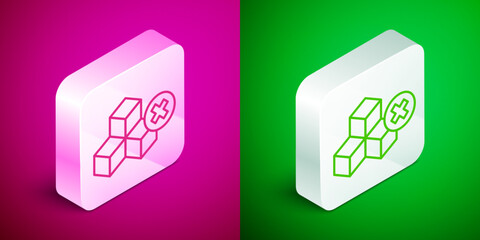 Wall Mural - Isometric line No sugar free icon isolated on pink and green background. Sugar cubes. Sweet, nutritious, tasty. Refined sugar. Silver square button. Vector