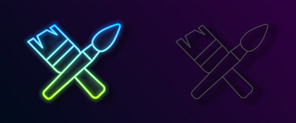 Sticker - Glowing neon line Paint brush icon isolated on black background. Vector