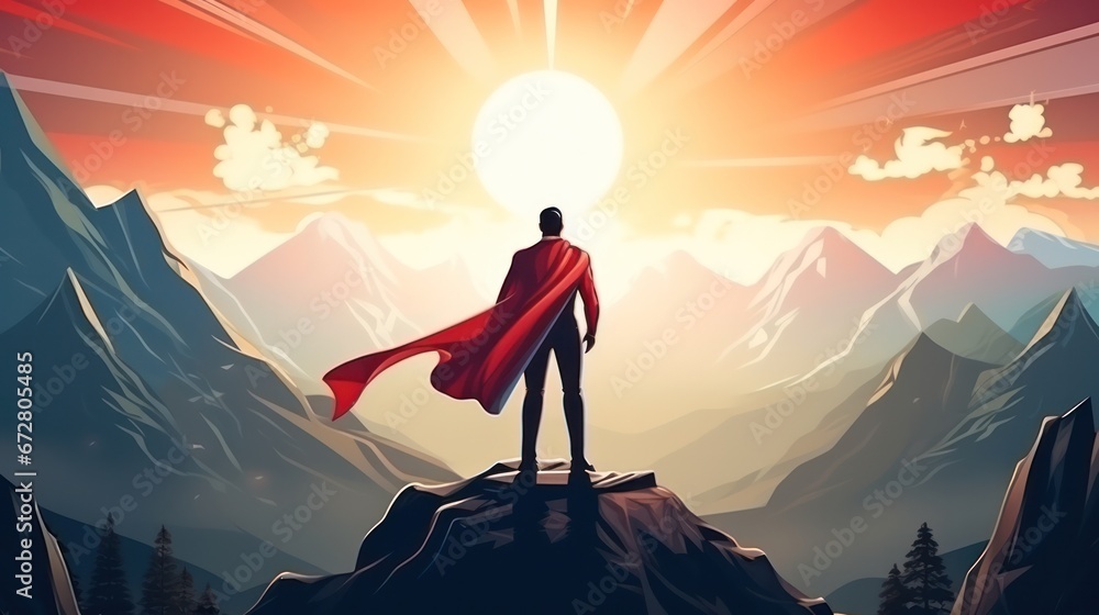 Businessman as superhero with red cape standing and looking on the top ...